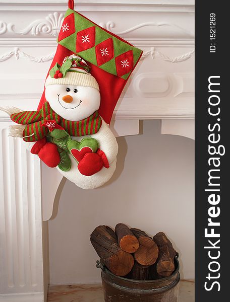 Christmas boot with snowman and fireplace. Christmas boot with snowman and fireplace