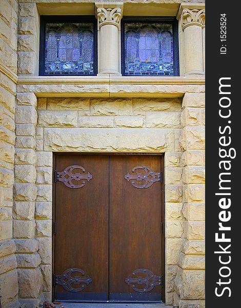 Architectural details, vintage church door at Stanford University, California