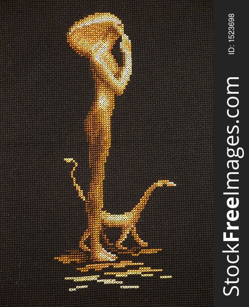 Egyptian cross-stitch, embroidery, black and golden colors, girl, cat, pray