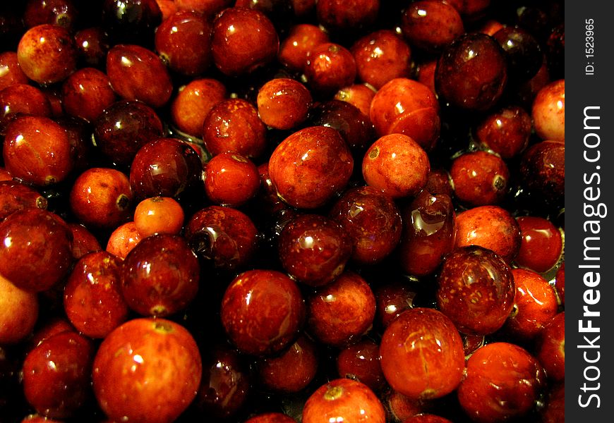 Close up of some shiny cranberries.