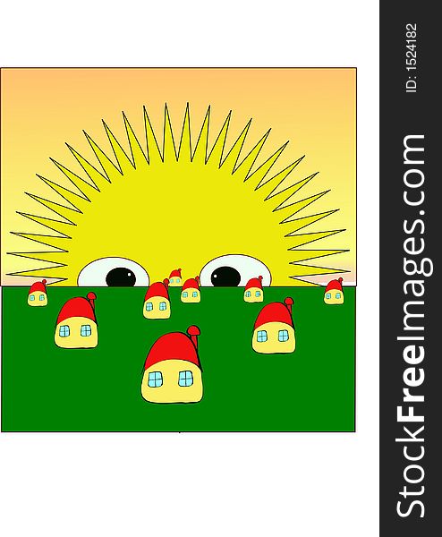 Computer generated vector graphics. Funny houses with the enormous sun background. Computer generated vector graphics. Funny houses with the enormous sun background.