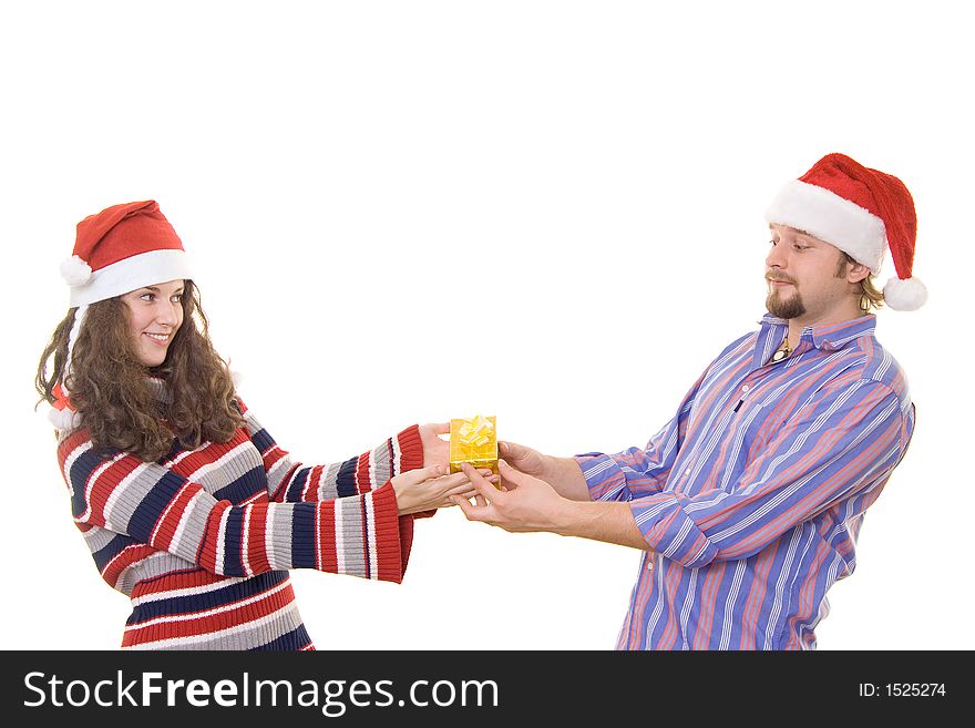 Couple, during christmas, presenting gift, isolated on white. Couple, during christmas, presenting gift, isolated on white