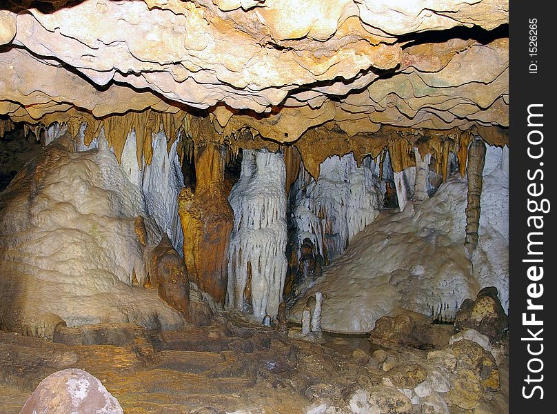 Flowstone and rim pools inside a cavern in northern florida.