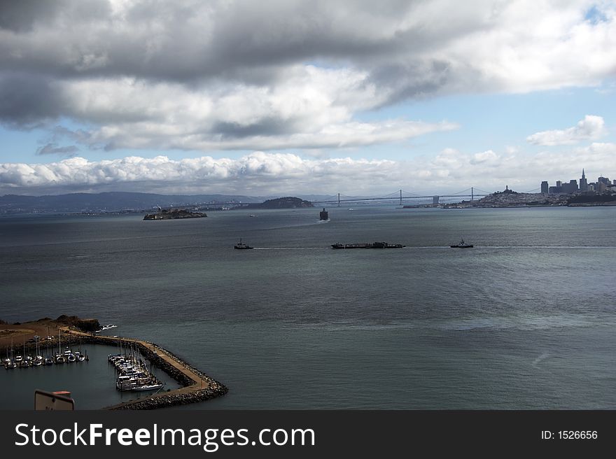 Skyline of San Francisco, view from Sausalito, Alcatraz and Bay Bridge in background