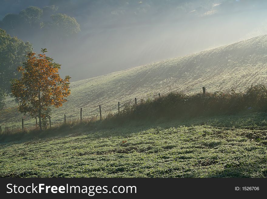 Landscape with hills and fog