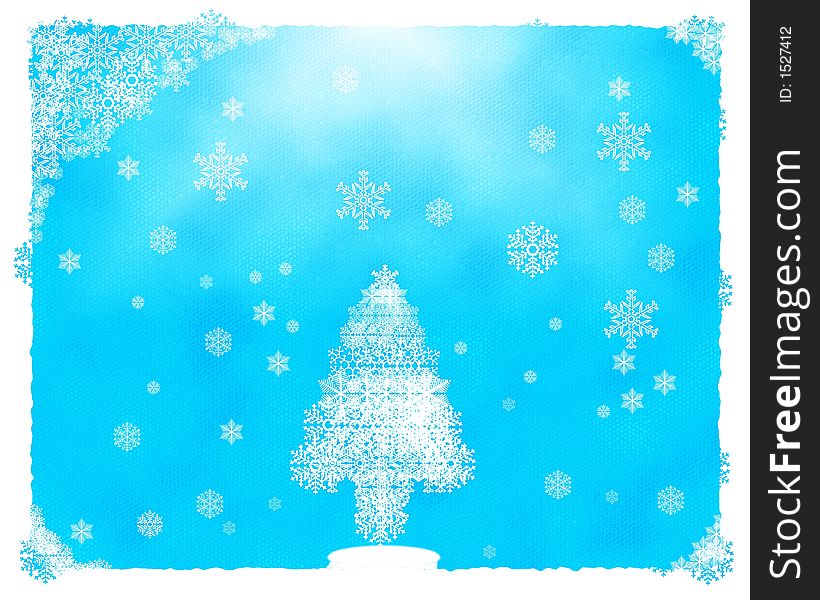 Bright blue winter background with snowflakes and Christmas tree. Bright blue winter background with snowflakes and Christmas tree