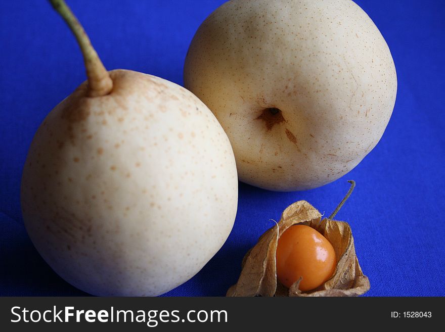 Nashi pears from China and physalis from Colombia. Nashi pears from China and physalis from Colombia