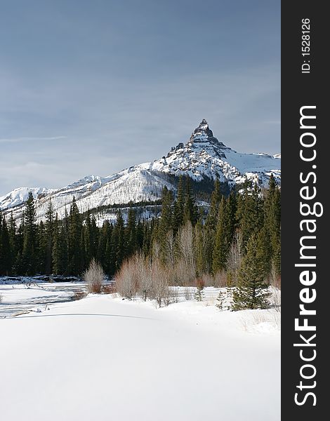Winter landscape with Pilot Peak in background, Wyoming. Copyspace top and bottom.