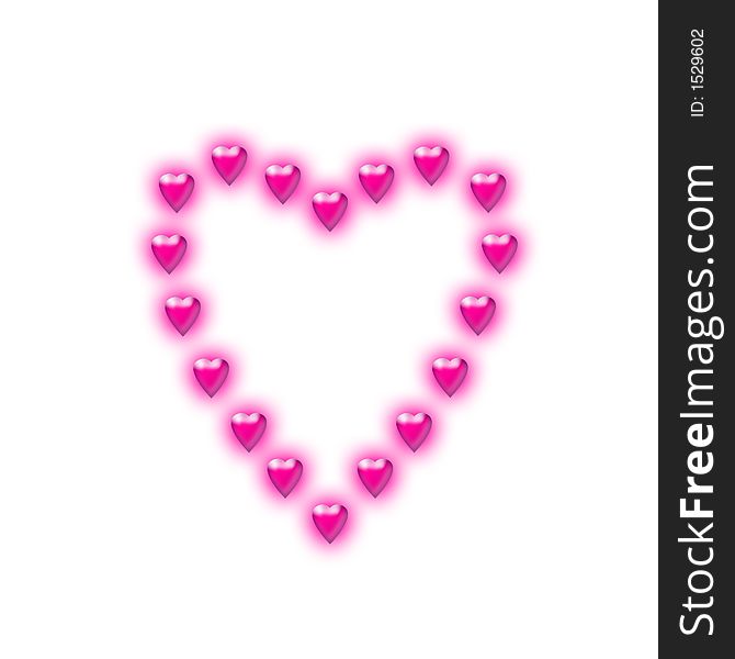 Small pink 3D hearts, in a heart shape, with a pink glow. Small pink 3D hearts, in a heart shape, with a pink glow