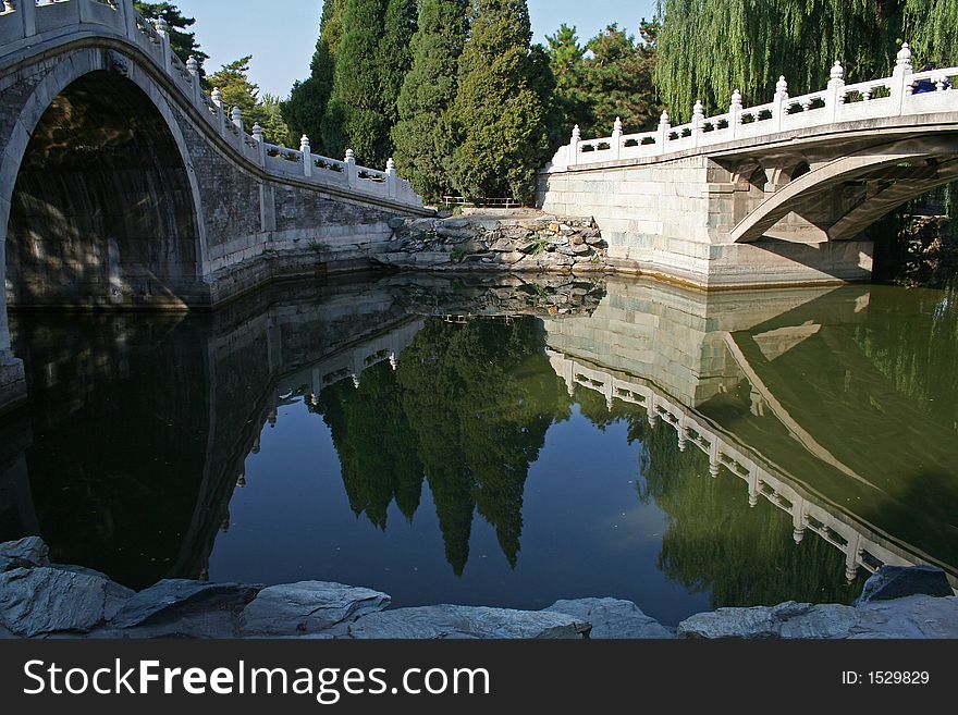 Two ancient bridges reflection in the Summer Palace of China