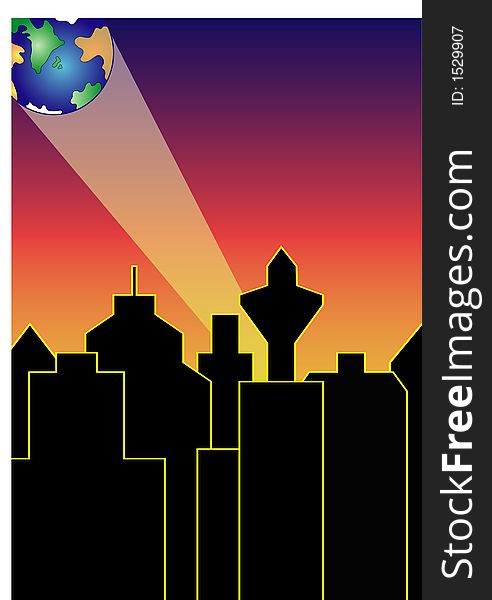 City skyline in front of a gradient background, a spolight searching for a new earth. This file is also available as Illustrator-file. City skyline in front of a gradient background, a spolight searching for a new earth. This file is also available as Illustrator-file