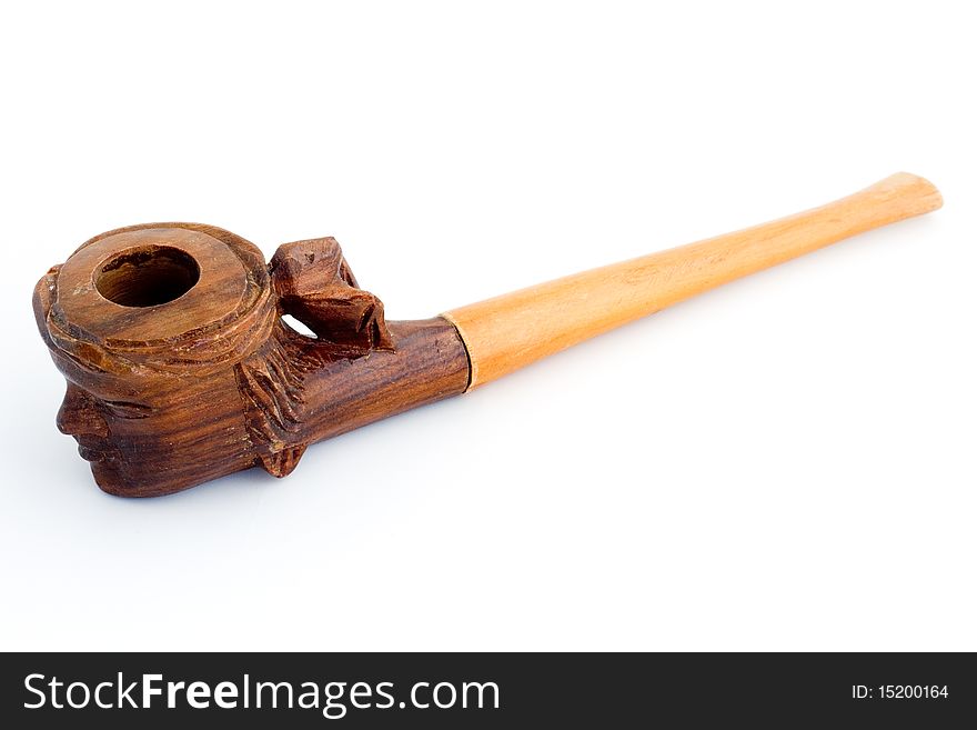 Wooden tobacco pipe with indian head isolated on white background