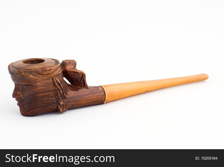 Wooden tobacco pipe with Indian head isolated on white background