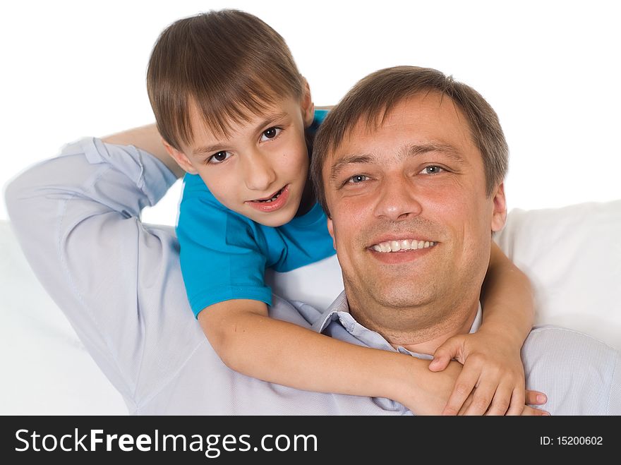 Happy father and son on a white background