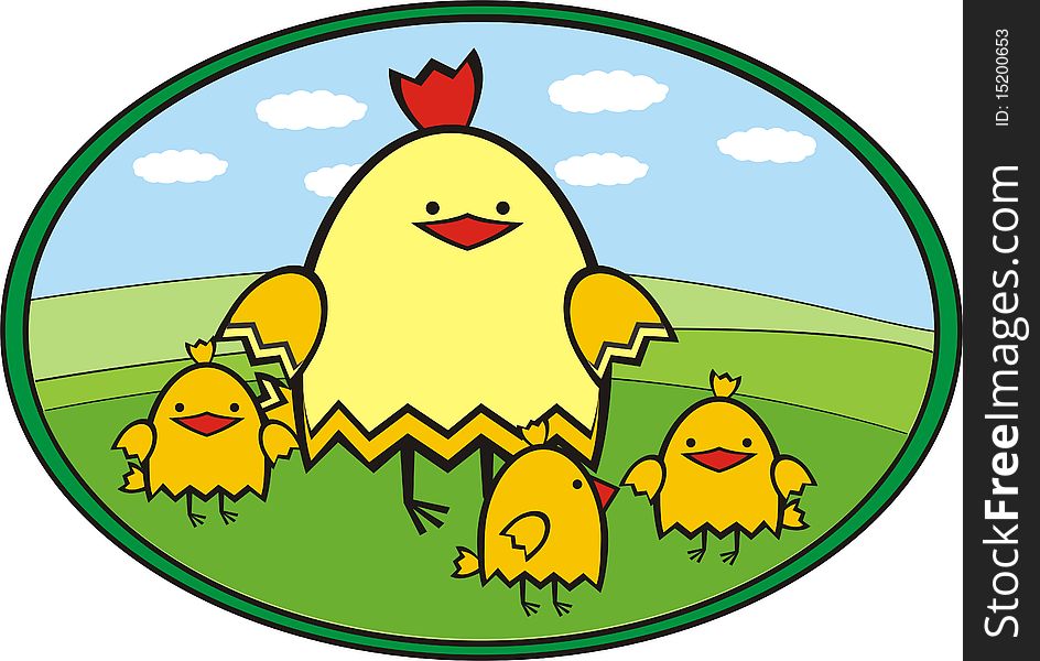 Vector illustration of funny hen and chickens