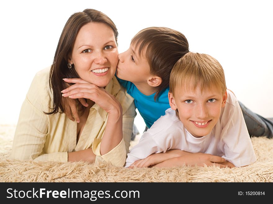 Happy mom with  children on a white background. Happy mom with  children on a white background