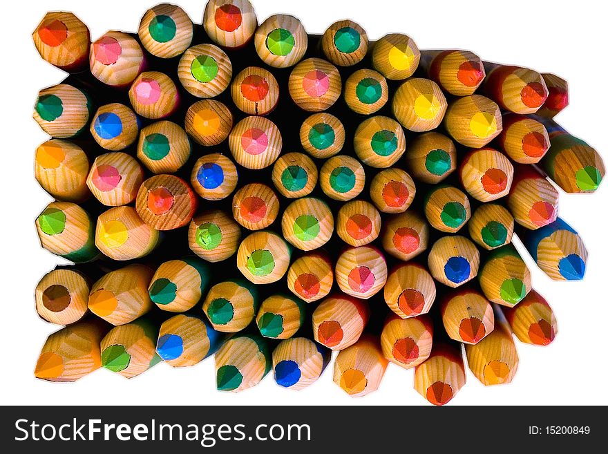 Group of sharpened colour full pencils viewed from top side isolated