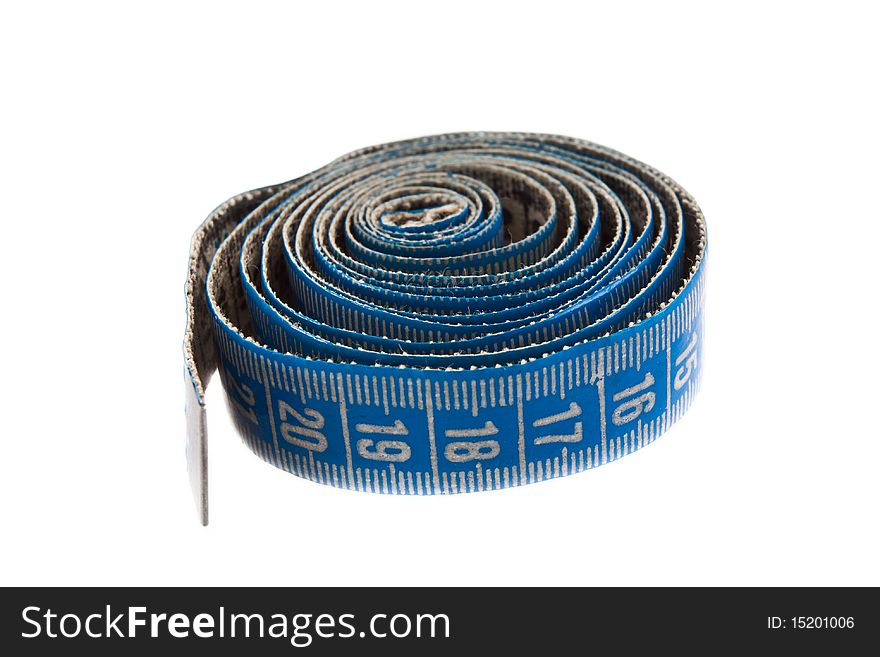 Rolled up blue measuring tape isolated on white background. Rolled up blue measuring tape isolated on white background