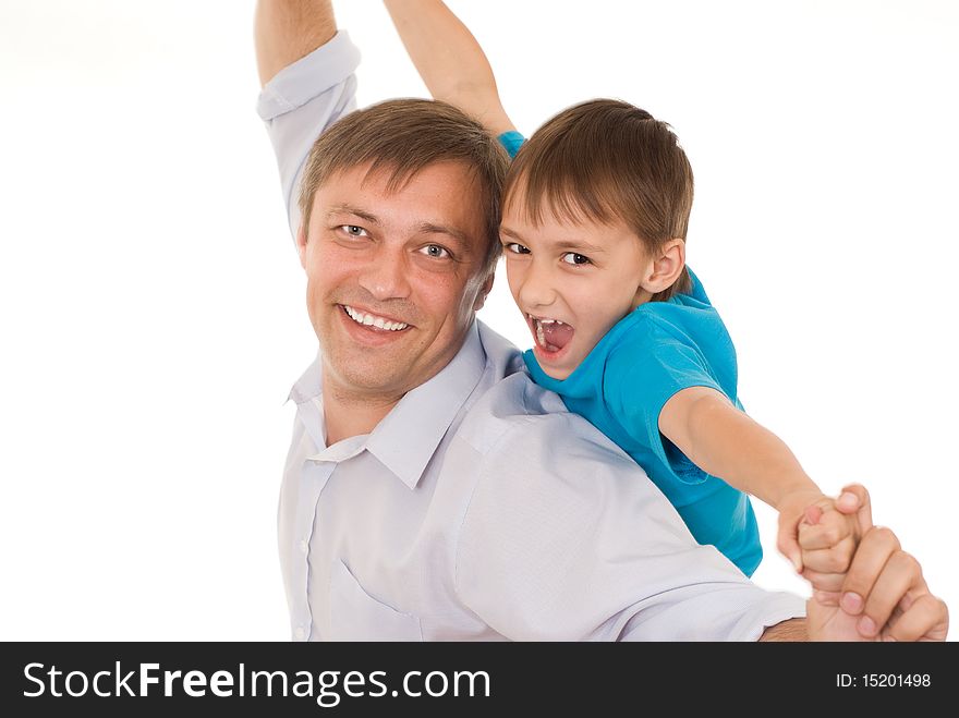 Happy father and son on a white background