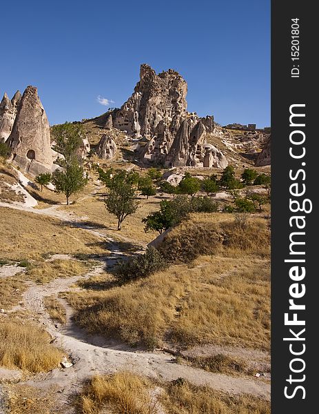 Rocks from the sandstone, formed by the ground aeration, occupied with people on the dwellings and warehouses, Kappadokia district, Turkey. Rocks from the sandstone, formed by the ground aeration, occupied with people on the dwellings and warehouses, Kappadokia district, Turkey