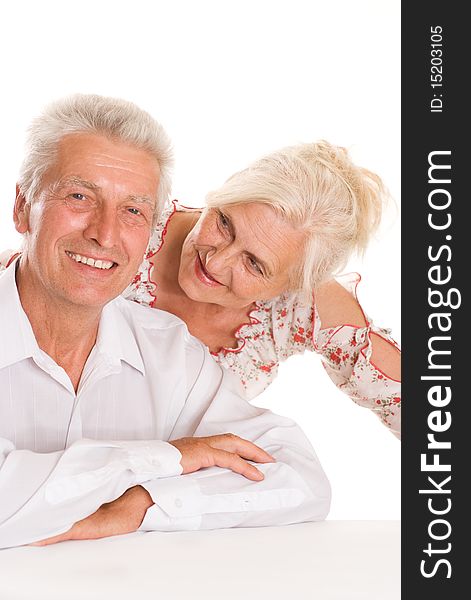 Happy elderly couple together on a white background. Happy elderly couple together on a white background