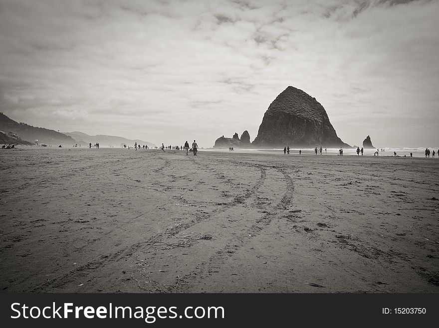 The main beach in Cannon Beach featuring the famous Haystack Rock