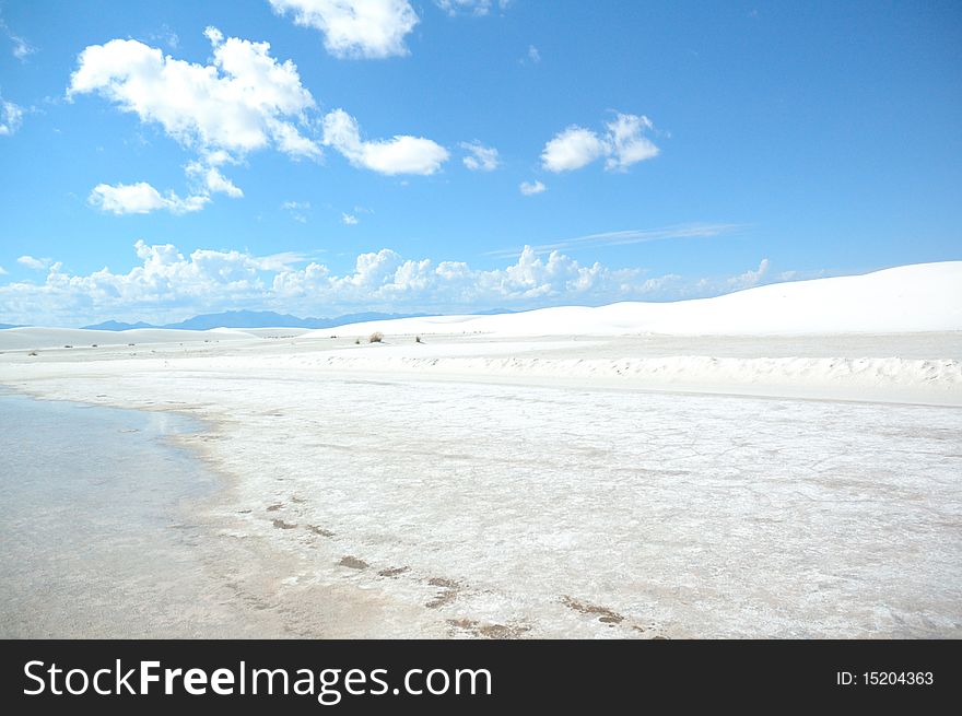 A trail of footprints lead up to the edge of a small lake in White Sands, New Mexico. A trail of footprints lead up to the edge of a small lake in White Sands, New Mexico