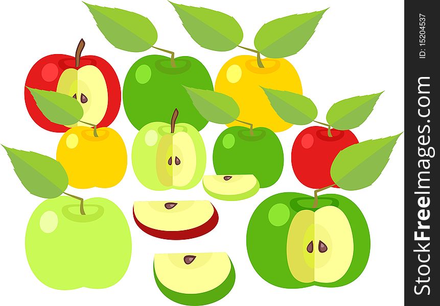 Green, red and yellow apples with leave. Green, red and yellow apples with leave