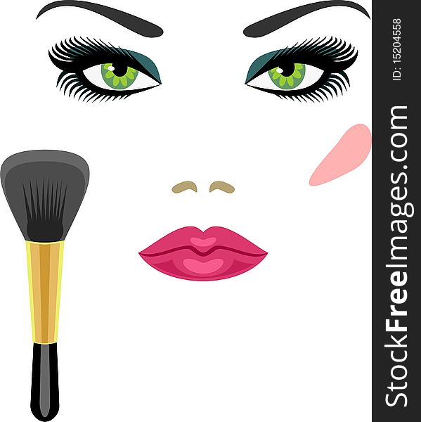 Sample makeup for green eyes and a brush for blush