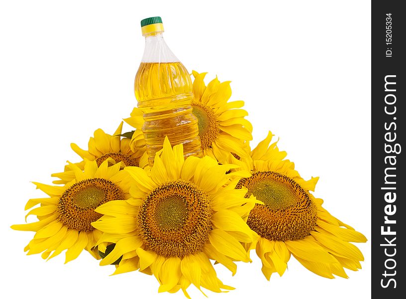 Sunflower oil and sunflower on white background