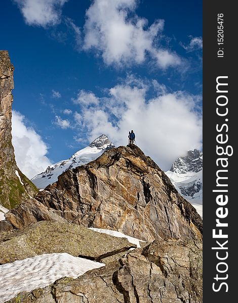 Small figure on the peak, Caucasus Mountains, Elbrus, Adilsu june 2010