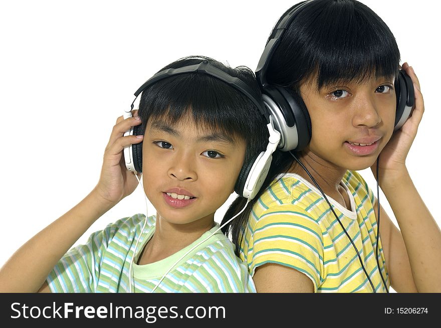 Couple asian student girl listening to music. Couple asian student girl listening to music