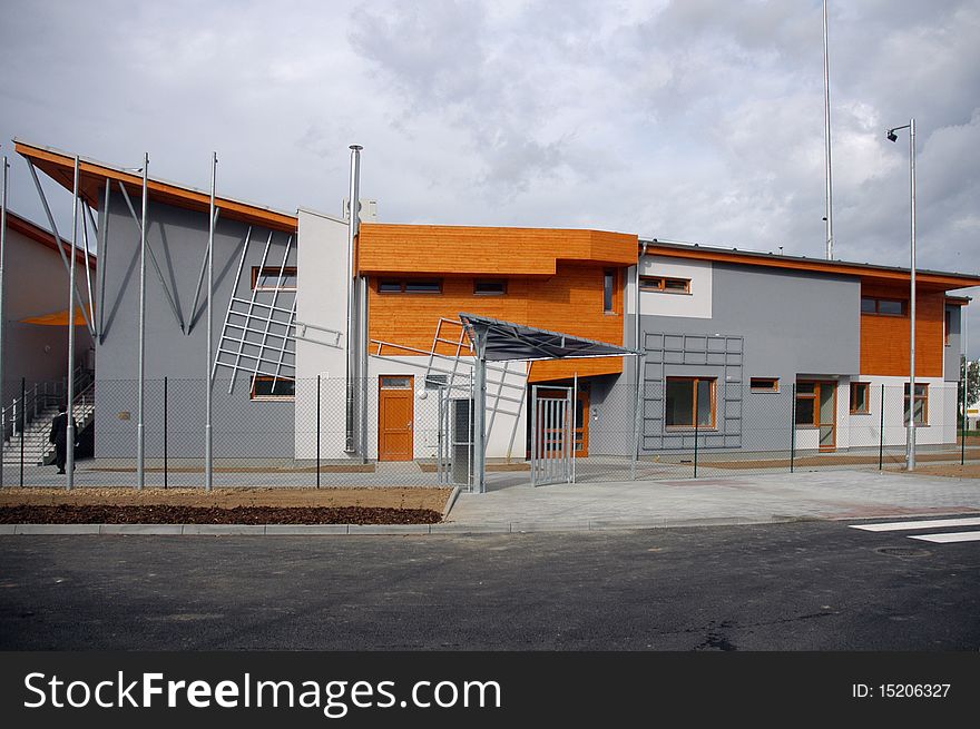 Modern building with wooden facade