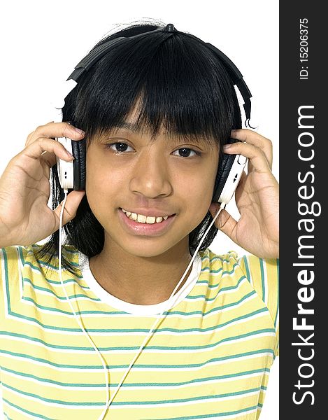 The young girl with a headphones isolated. The young girl with a headphones isolated