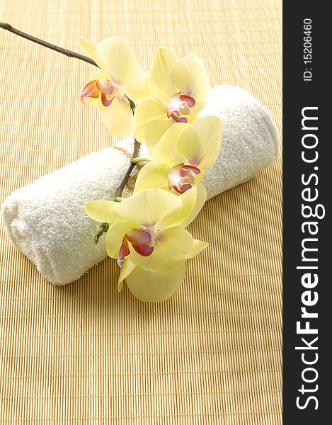 Spa concept white towel with orchid