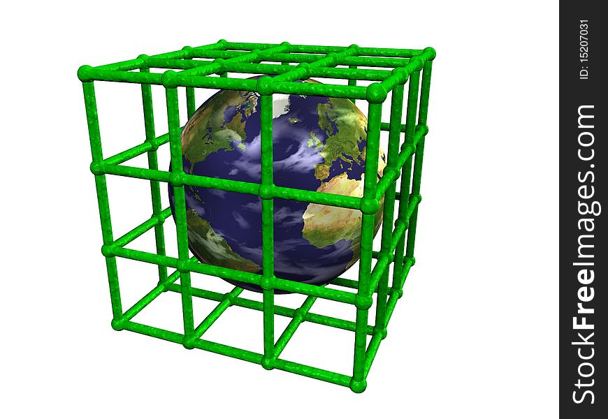 Earth in green cage, white background