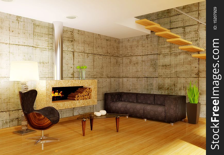 Modern interior room with fireplace  and concrete wall