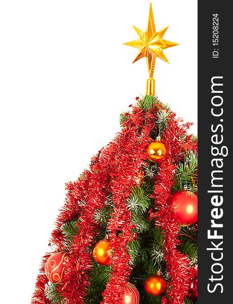 Decorated Christmas tree over white background, with copyspace