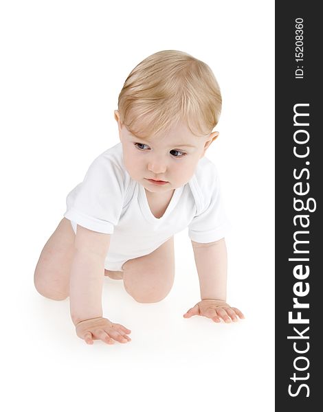 Infant crawler on all fours on white background.