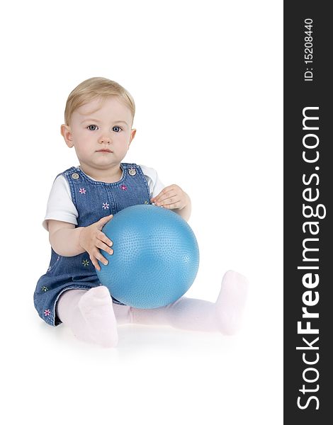 Kid with ball on egg white background.