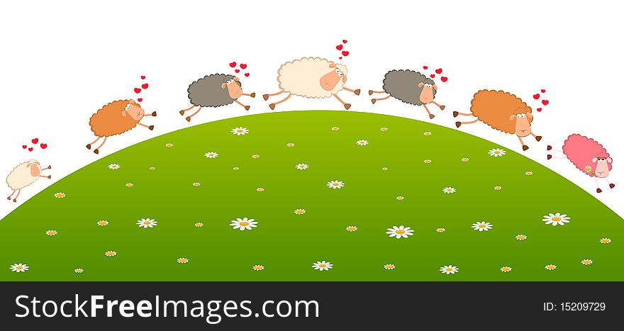 landscape background with cartoon in love sheep pursues after other