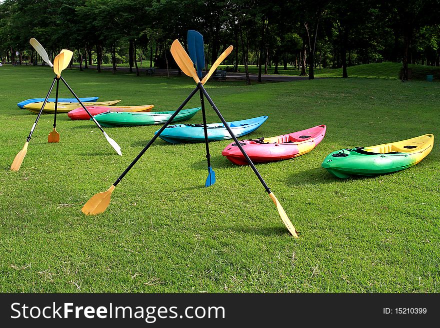 Colorful oars in the garden
