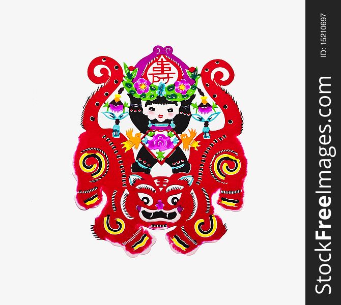 This paper-cutting features a child riding two tigers. The child holds a Chinese character of â€œlongevityâ€, wishing for good luck. This paper-cutting features a child riding two tigers. The child holds a Chinese character of â€œlongevityâ€, wishing for good luck.