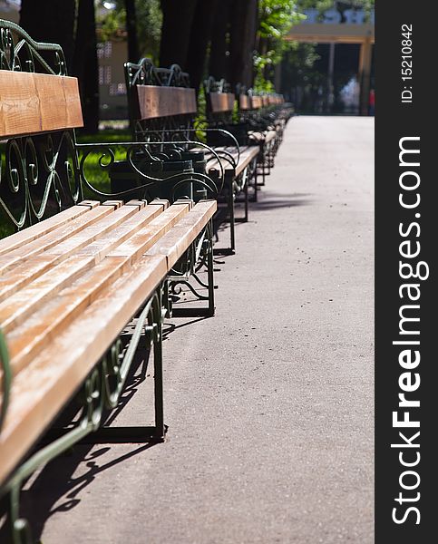 A line of benches in park. close-up