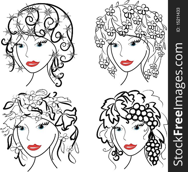 Four woman with hairstyles in contour. Four woman with hairstyles in contour