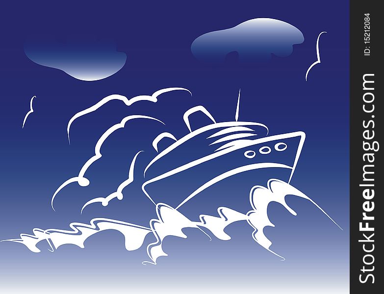 Yacht in night and storm ocean. Stroking cartoon. Yacht in night and storm ocean. Stroking cartoon.