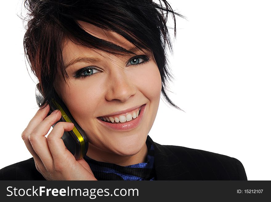 Young Businesswoman on the cell phone isolated on a white background