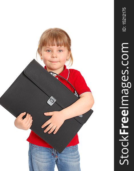 Little girl with a case on white background