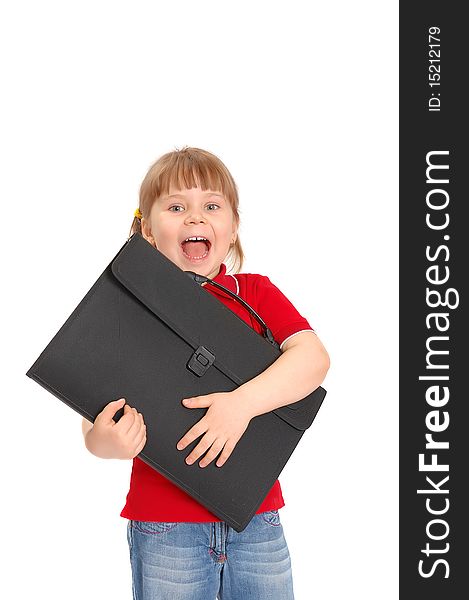 Smiling little girl with a case on white