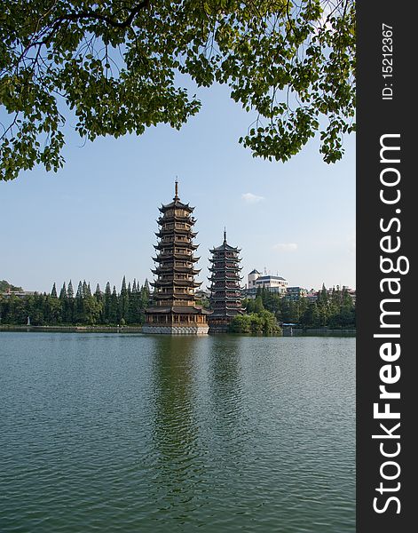 Pagodas in Fir Lake in downtown Guilin. Pagodas in Fir Lake in downtown Guilin
